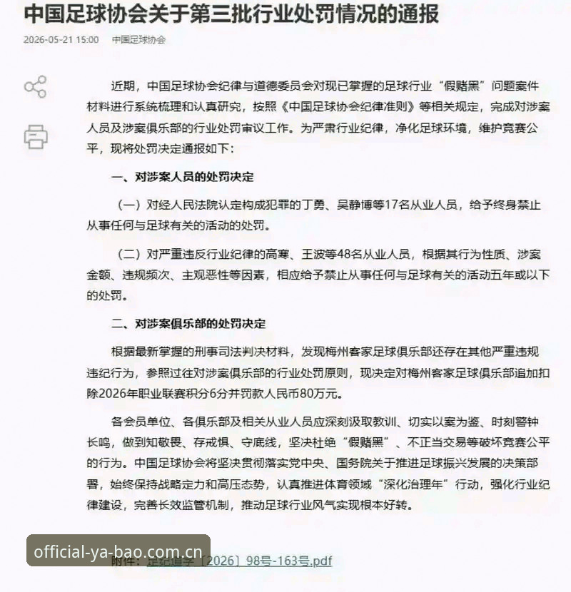 亚博沉浸式娱乐 中国足协第三批禁足名单最新动态:17人终身禁足,48人遭重罚,足球反腐风暴持续升级
